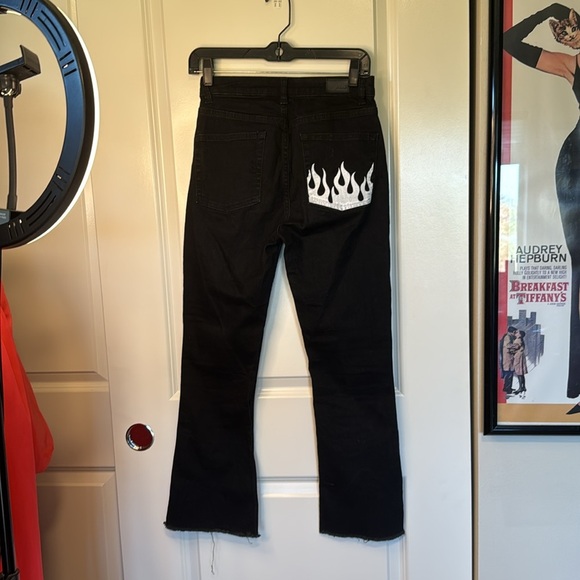 NWT Subdued Black Crop Flare Button Fly Raw Hem Front and Pocket White F… - Picture 7 of 10